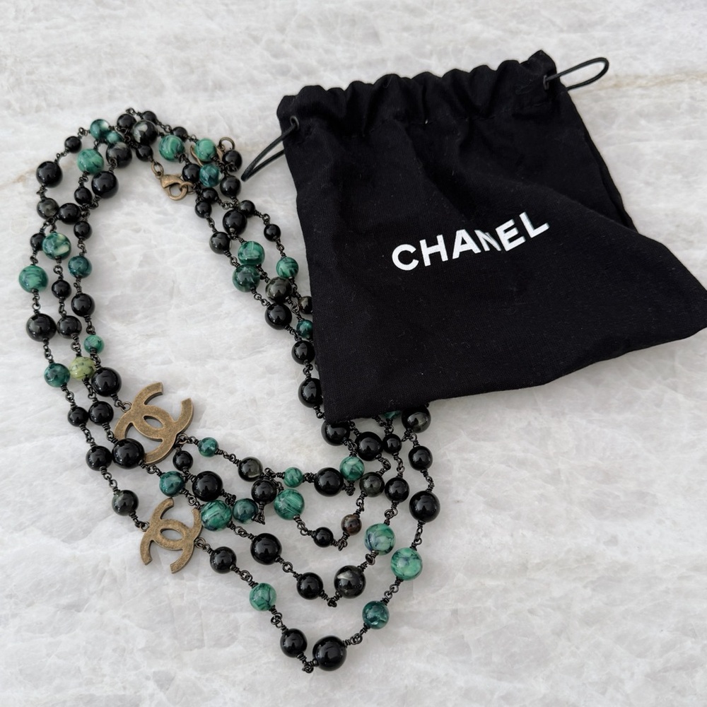 Chanel Costume Jewelry Necklace Long Layered Beads Green/Blue and Gold